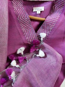 Purple Cotton Kurta With Linen Dupatta
