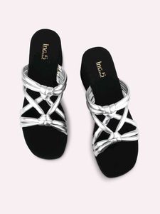 Women Silver Strapy Open Toe Wedge Heels With Knot