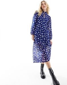 Tie Neck Tiered Blue polka DOT Midi dress