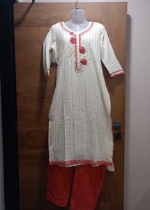 White&Red Embroidered Kurti Set.