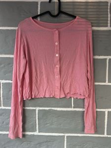 Pink Ribbed Button-Up Top