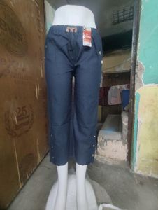 Dark Blue Cropped Pants with Button Detail