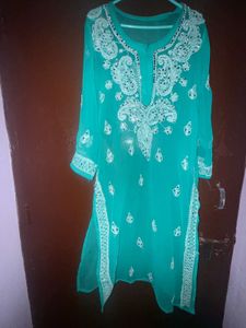 Elegant Teal Chikan Kurti with Mirror Work