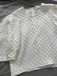 Zara Puff Sleeve Off White Textured Top