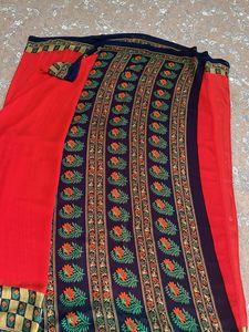 Red &amp; blue print saree with blouse