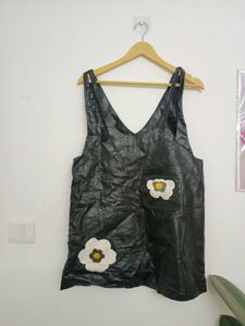 Black Faux Leather Overalls Dress