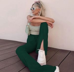 Green Trouser Straight Fit Pants With Slit Cut End