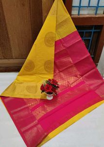 Chanderi Kuppadam Silk Cotton Yellow & Pink Saree