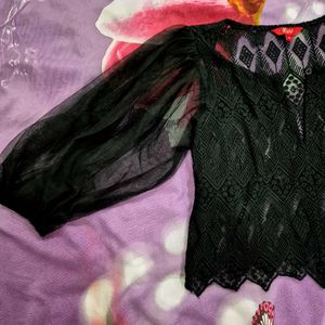 Elegant Black Mesh Sleeve Crop Top
