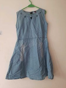 Denim Knee Length Dress Blue Office Wear