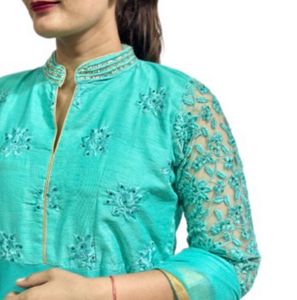Elegant Turquoise Embroidered Anarkali With Duppat