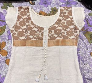 Beige White And Gold Cotton Kurti