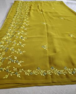 Sale 🌟🌟 bollywood OLIVE GREEN pure chiffon saree with embroidery work with readymade blouse, size : 36 | supersoft