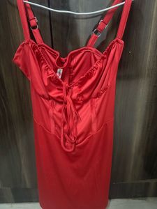 Red A-Line Tie Dress With Drawsting Neck Front