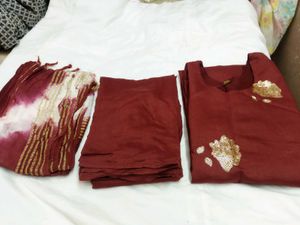 Burgundy Kurti Set with Striped Dupatta