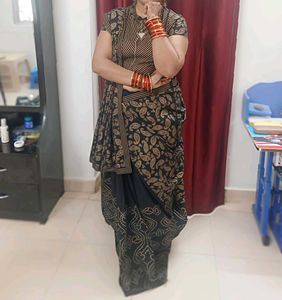 Elegant Black & Gold Block Print Saree