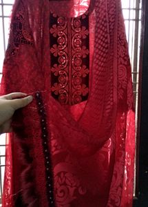 Red Velvet Pakistani Heavy Embroidered Kurta Set