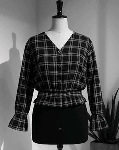 Plaid Top with Ruffle Sleeves