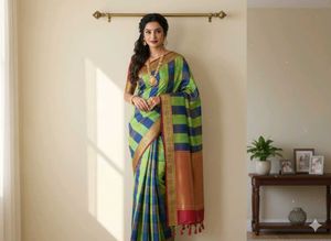 Green &amp; Blue Checkered pattu Saree