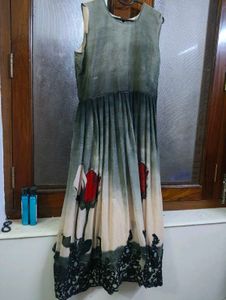 Gown With Rose Print And Embroidery Border