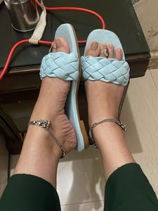 Light Blue Woven Slide Sandals