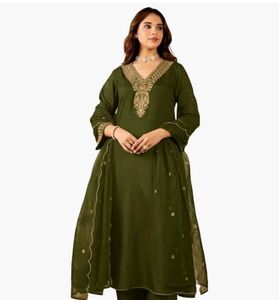 Olive Green Embroidered Kurta Set