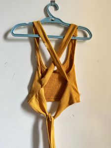 Mustard Ribbed Tie-Back Crop Top