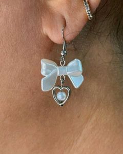 Handmade Beaded Pearl Bow Earrings with Heart
