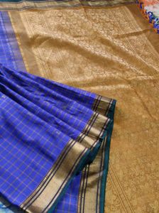 Blue And Golden  Checked Saree