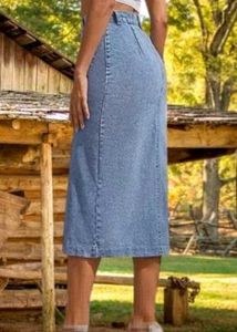Denim Slit Midi Skirt With Silver Buttons
