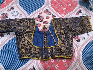 Royal Blue Banarasi Blouse With Golden Detailing