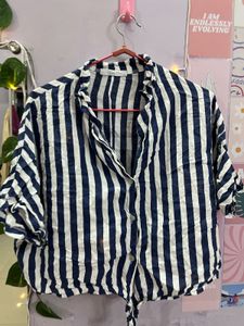 Blue Lined Crop Shirt Style Top