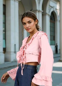 Shein bell sleeve Ruffled Pink Crop Top