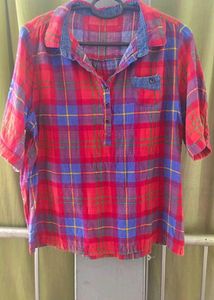 Red Plaid Denim Trim Top