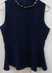 Navy Pearl Neck Top