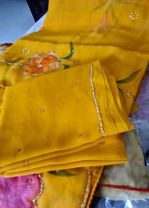 Mango Yellow Paint Colored Saree With Blouse. (New