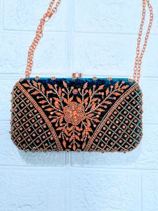 Teal Embroidered Clutch with Chain