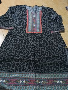 Black Patterned Kurti with Embroidered Yoke