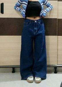 Dark Blue Wide-Leg High-Waist Jeans –