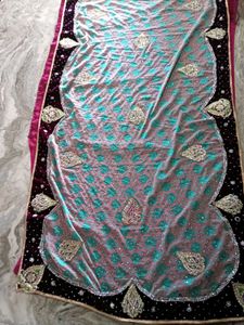 Heavy Women Cyan And Pink StoneWork Saree