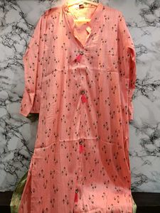 Printed Kurta Yellow, Green, Carrot Color