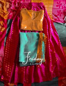 SparklyGold  Top With DarkPink Lehenga And Duppata