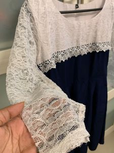 Party Wear Dress/ White Lace Blue Dress