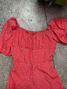 Red Ditsy Slit Cut Print Dress