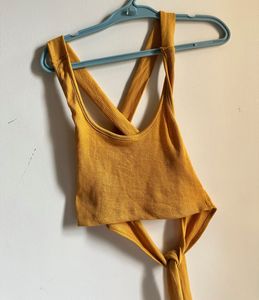 Mustard Ribbed Tie-Back Crop Top