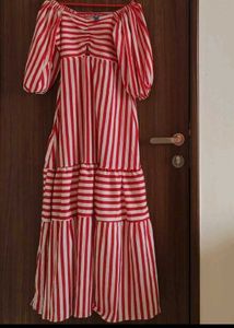 Red &amp; White Striped Puff Sleeve Maxi Dress