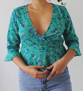 Green Wrap Up Shirt With Floral Patterns