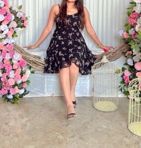Floral Print Black Spaghetti Strap Dress