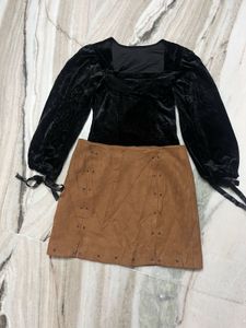 Velvet Top & Suede Mini Skirt Set