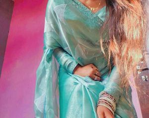 Elegant Blue Printed Saree with stitch full sleeve